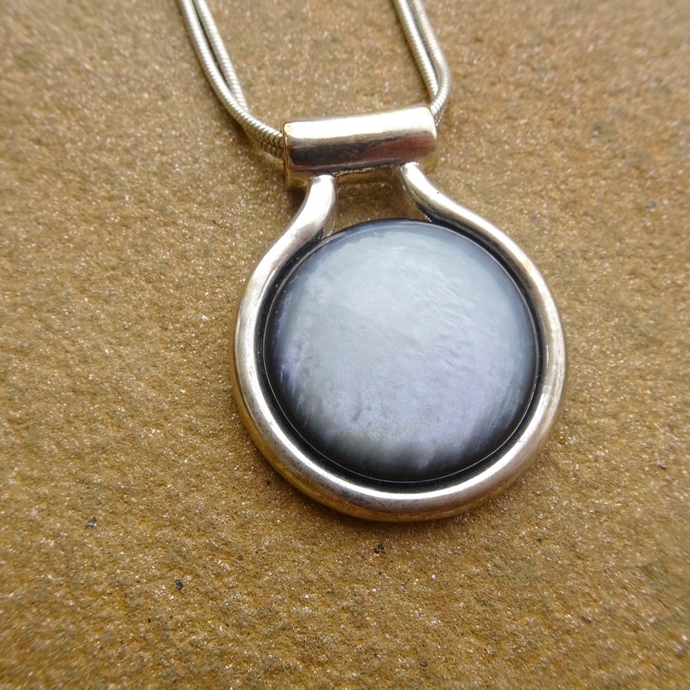 Silver Plated Faux Moonstone Pendant Double Snake Chain Boho Glam Necklace